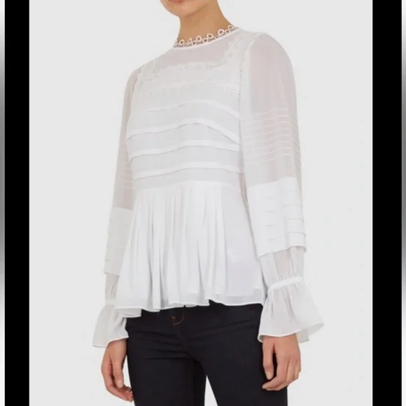 Ted Baker Women's Roobee Pintuck Detailing Long Sleeve Top - White sz 3 US 8 - Picture 4 of 11